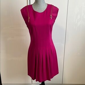 TED BAKER NWOT Fuchsia Fit and Flare Midi Dress Gold Hardware, Size 8